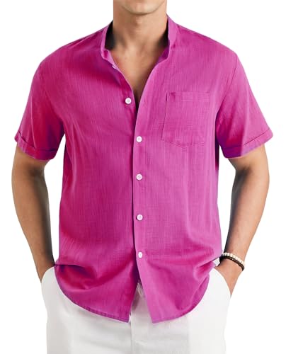 Enlision Hemden Herren Kurzarm Leinenhemd Rosa Herren Sommerhemd Freizeithemden Herren Ohne Kragen Henley Shirt Regular Fit S von Enlision