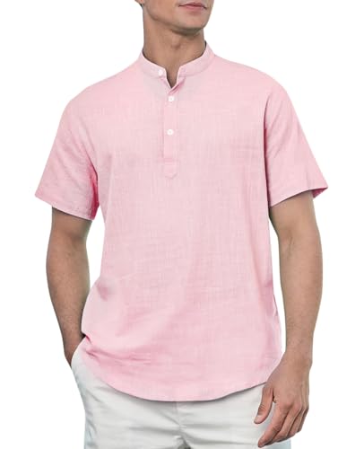 Enlision Hemden Herren Kurzarm Rosa Leinenhemd Hemd Ohne Kragen Leichtes Sommerhemd Herren Freizeithemden für Männer Henley Shirt Regular Fit M von Enlision