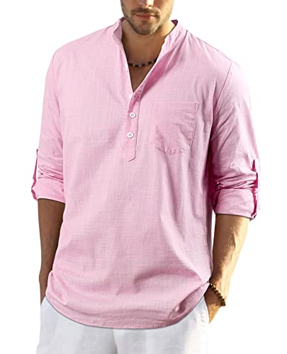 Enlision Herren Baumwolle Leinenhemd Leichtes Rosa Sommerhemd Langarm Kragenloses Hemd für Hawaii Hochzeit am Meer S von Enlision