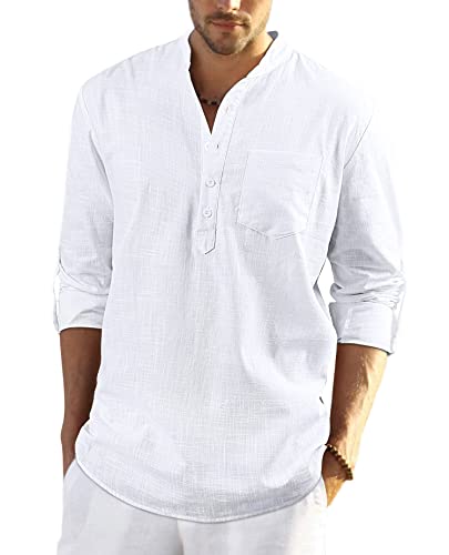 Enlision Weiß Leinenhemd Herren Hemd Langarm Sommerhemd Herren Regular Fit Freizeithemd mit Brusttasche Henley Shirt M von Enlision