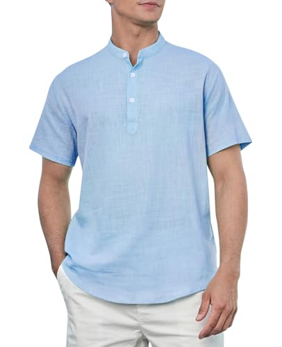 Enlision Herren Leinenhemd Himmelblau Sommerhemd Hemd Kurzarm Freizeithemden Baumwolle Hemden für Männer Ohne Kragen Henley Shirt Regular Fit 4XL von Enlision