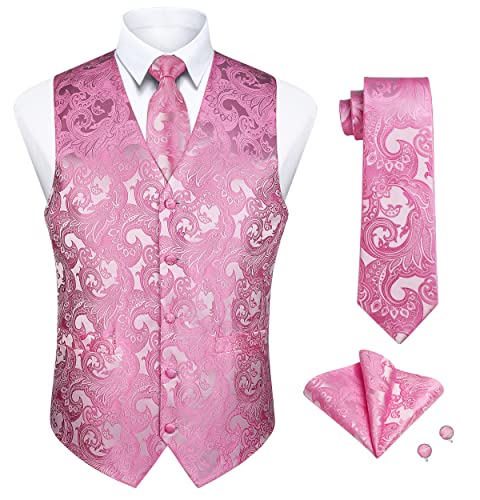 Enlision Herren Paisley Weste Floral Jacquard Krawatte Einstecktuch Einstecktuch Manschettenknöpfe Hochzeit Party Business Fit Weste Anzug Set Rosa Weste 2XL von Enlision