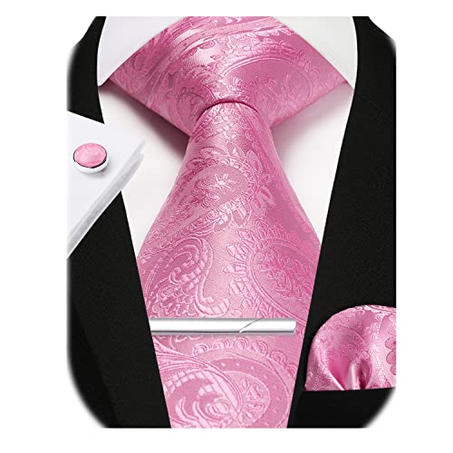 Enlision Herren Krawatte und Taschentuch Herrenkrawatten Krawattenklammer mit Manschettenknöpfe Krawatten Einstecktuch Set Rosa von Enlision