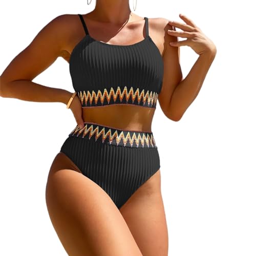 Enwokran Damen Bikini Set Zweiteiliger U Ausschnitt Bauchkontrolle Push Up High Waist Sport-Schwimmanzug Badeanzug Tank Bikini Swimsuit (Schwarz, M) von Enwokran