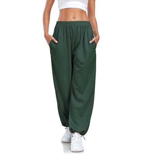 Enwokran Hosen Damen Weites Bein Track Pants Baggy Cargohose High Waist Lässige Loose Sweathose mit Taschen Stretch Sport Jogginghose mit Elastischen Knöcheln (Armeegrün, L) von Enwokran