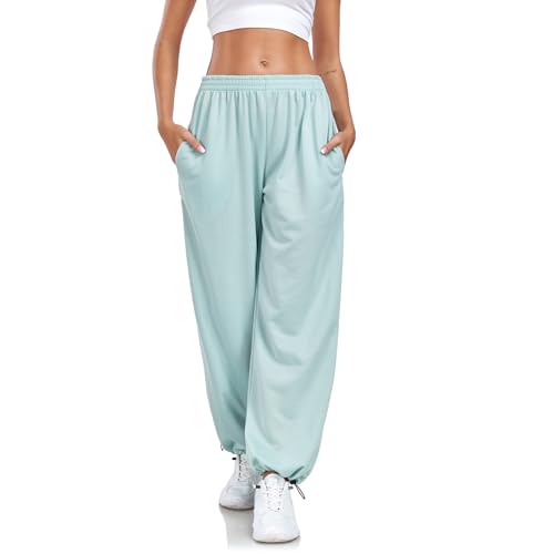 Enwokran Hosen Damen Weites Bein Track Pants Baggy Cargohose High Waist Lässige Loose Sweathose mit Taschen Stretch Sport Jogginghose mit Elastischen Knöcheln (Erbsengrün, XL) von Enwokran