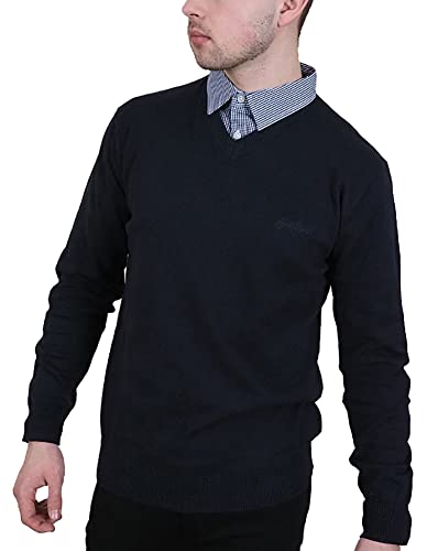 Enzo Moretti Herren-Strickpullover mit V-Ausschnitt, 100 % Baumwolle, mit Stehshirt-Krageneinsatz, navy, Large von Enzo Moretti