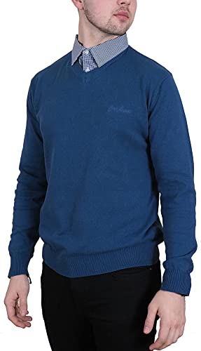 Enzo Moretti Herren-Strickpullover mit V-Ausschnitt, 100 % Baumwolle, mit Stehshirt-Krageneinsatz, petrol, Medium von Enzo Moretti