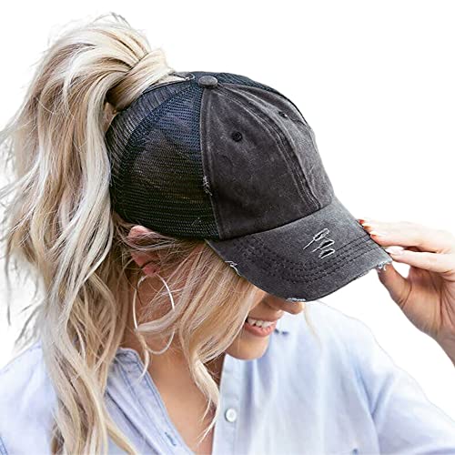 Baseballkappe Pferdeschwanz Messy-Bun Hut Distressed Baumwolle Washed Vintage - Schwarz - Medium von Eohak