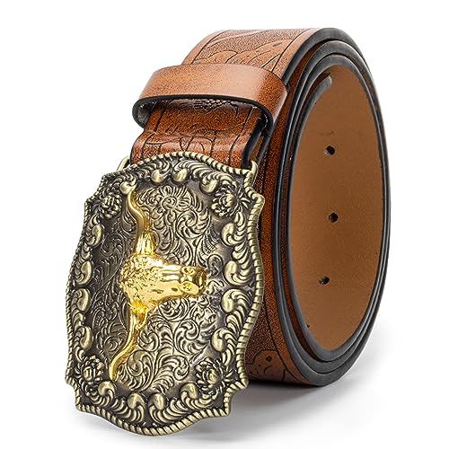 Eohak Western-Cowboy-Gürtel für Damen und Herren, mit Blumengravur, Gürtel mit Langhorn-Bull-Kopf-Gürtelschnalle, geeignet für Taille 73,7 cm - 94 cm, Braun, M von Eohak