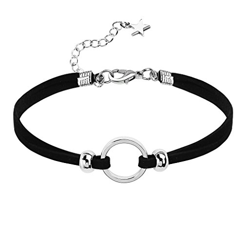 Epinki Damen Choker (Verstellbar), Doppel Halskette Gliederkette Samt O-Ring Form Anhänger Gothic Halsband Silber Schwarz mit Zirkonia, 30+8 cm von Epinki