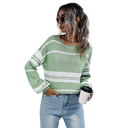 Erichman Frauen Langarm Crew Neck Striped Farbe Block Beiläufige Lose Gestrickte Pullover Pullover Tops (7 light green,S) von Erichman