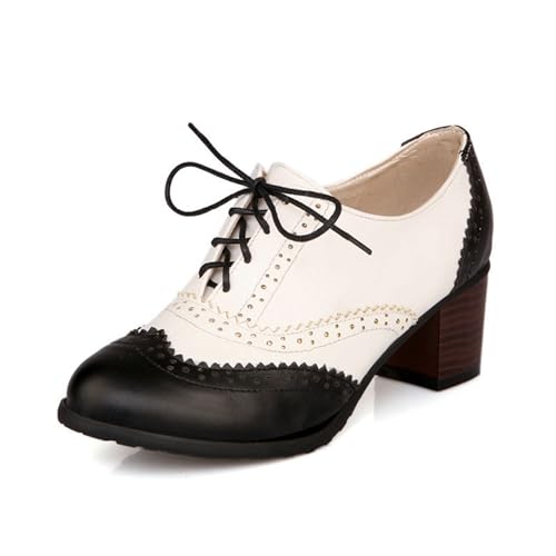 ErikenUrben Damen Vintage Oxfords Pumps Schnüren Blockabsatz Wingtip Schuhe Two Tone Saddle Schuhe Black Große 41 Asiatisch von ErikenUrben