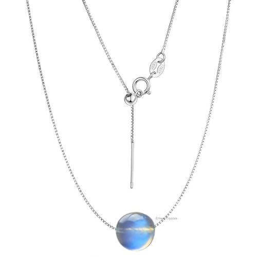 Blaue Mondstein-Kristall-Anhänger-Halskette für Damen, 925er Sterlingsilber-Kette mit 10 mm runder Kristallperle, 45cm Länge, verstellbare Heilungs-Halskette, Schmuck, Geschenk für Frauen und Mädchen von Erliway