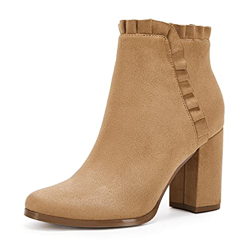 Damen Rüschen Chunky High Heel Stiefeletten Round Toe Slip On Herbst Winter Western Booties, khaki, 40 EU von Ermonn