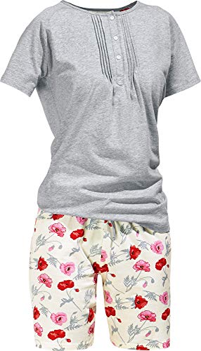 Erwin Müller Damen-Shorty, Schlafanzug, Pyjama, Zweiteiler, Nachtwäsche Single-Jersey Mohnblume Creme-rot Größe 36 - weich und angenehm, mit abgestepptem Gummibund und Rundhalsausschnitt von Erwin Müller