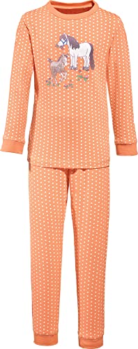 Erwin Müller Single-Jersey Kinder-Schlafanzug - Pyjama - mit Rundumgummi - mit Rundhalsausschnitt - hautfreundliche und elastische Qualität - Pferde - apricot/weiß - Größe 98/104 von Erwin Müller