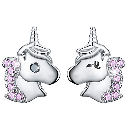 ✦Valentinstag Geschenk Für Sie✦ Winglove Einhorn Ohrringe Mädchen, Einhorn Ohrringe mit Zirkonia Asymmetrie Ohrringe Kinder Ohrringe Stecker Einhorn, Einhorn Geschenke für Mädchen.(Pink) von Winglove