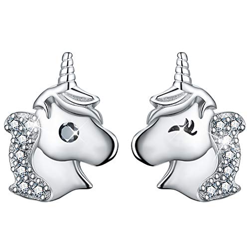 ✦Valentinstag Geschenk Für Sie✦ Winglove Einhorn Ohrringe Mädchen, Einhorn Ohrringe mit Zirkonia Asymmetrie Ohrringe Kinder Ohrringe Stecker Einhorn, Einhorn Geschenke für Mädchen.(White) von Winglove