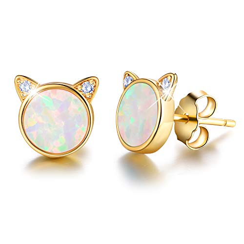 ✦Muttertagsgeschenke für Mama✦ Winglove Ohrringe Silber 925 Opal Katze Ohrstecker Nette Katze mit Naturstein Ohrringe Schmuck Damen Kleine Geschenke für Kinder.(Yellow Gold-White Opal) von Winglove