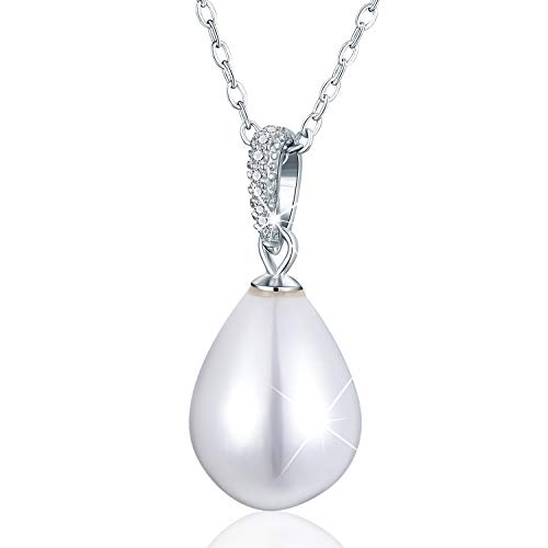 Esberry 18 Karat vergoldet 925 Sterling Silber Teardrop Süßwasser kultivierte weiße Perle Anhänger Halskette Zirkonia Anhänger mit Halsketten für Mädchen und Frauen (White Gold) von Esberry