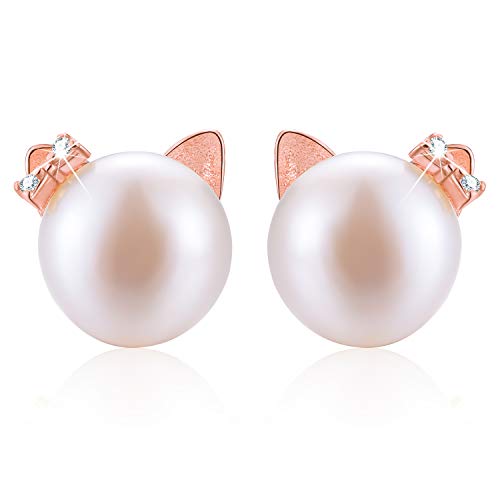 Esberry 18 Karat Vergoldung 925 Sterling Silber Cat Stud Ohrringe Natürliche Süßwasser White Pearl Ohrringe Nette Katze Hypoallergene Ohrringe für Frauen und Mädchen (Rose Gold-1) von Winglove