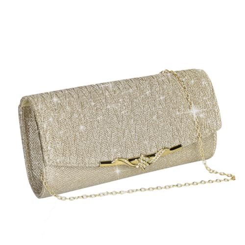 Eshow Damen Abendtasche Kleine Clutch Geldbörse für Frauen Glitzer Gold Silber Clutch Handtasche mit Kette für Hochzeit Party Abschlussball, Gold, 34 von Eshow