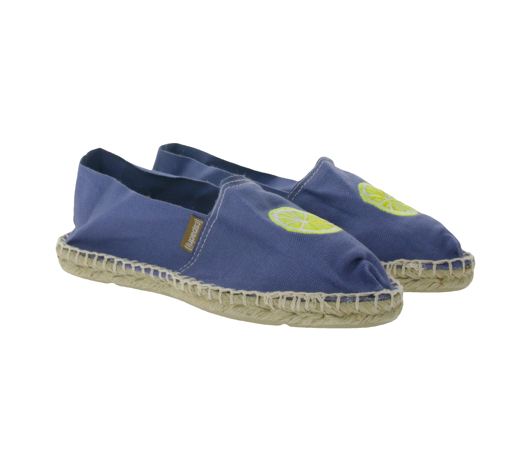 Espadrij Classic Brodé mules Damen sommerliche Schlüpf-Schuhe Hausschuhe mit Zitronen-Strick auf der Front Ozeanblau von Espadrij