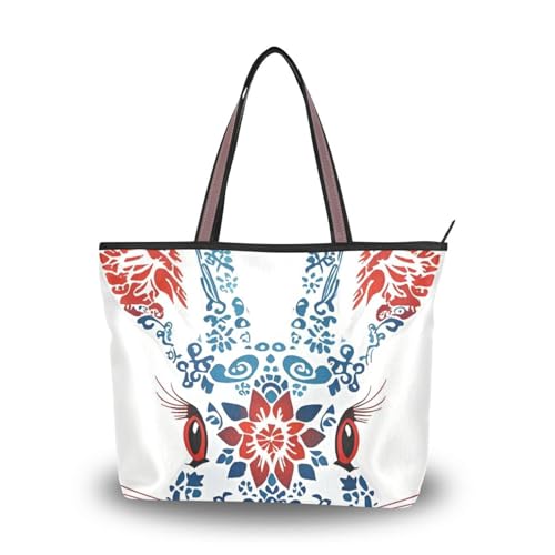 Boho Red and Blue Rabbit silk fabric zippered travel tote bag reusable handbags for women 2025 Boho Red and Blue Rabbit silk fabric zippered travel tote bag reusable handbags for women 2025 von EtherSpher