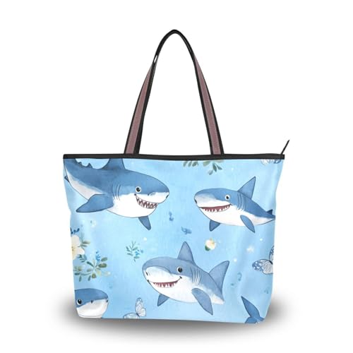 Cartoon Cute Shark Blue silk fabric zippered bags and totes reusable tote handbags for women Cartoon Cute Shark Blue silk fabric zippered bags and totes reusable tote handbags for women von EtherSpher