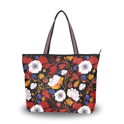 Lilly Floral White Wildflower Red silk fabric zippered work tote bag stylish large handbags for women Lilly Floral White Wildflower Red silk fabric zippered work tote bag stylish large handbags for women von EtherSpher