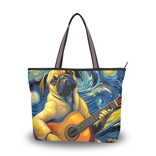 Starry Guitar Brown Pug Dog Brown silk fabric zippered tote bag women reusable handbags for women leather Starry Guitar Brown Pug Dog Brown silk fabric zippered tote bag women reusable handbags for women leather von EtherSpher