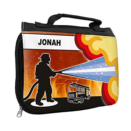 Eurofoto Kulturbeutel mit Namen Jonah und Feuerwehr-Motiv für Jungen | Kulturtasche mit Vornamen | Waschtasche für Kinder von Eurofoto