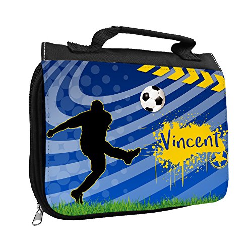 Eurofoto Kulturbeutel mit Namen Vincent und Fußball-Motiv für Jungen | Kulturtasche mit Vornamen | Waschtasche für Kinder von Eurofoto