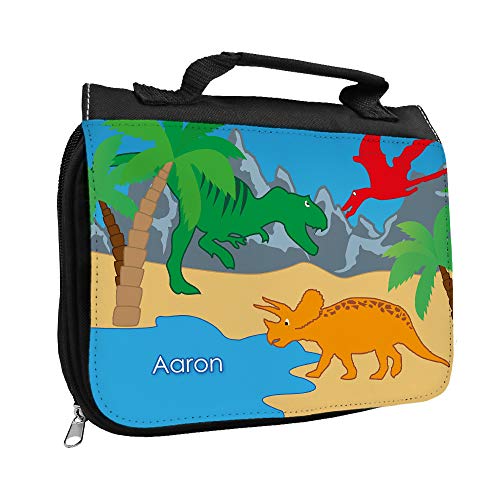 Kulturbeutel mit Namen Aaron und Dinosaurier-Motiv für Jungen | Kulturtasche mit Vornamen | Waschtasche für Kinder von Eurofoto