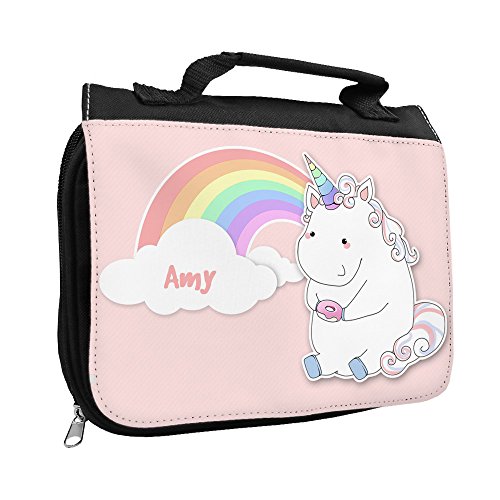 Kulturbeutel mit Namen Amy und süßem Motiv mit Einhorn mit Donut und Regenbogen für Mädchen | Kulturtasche mit Vornamen | Waschtasche für Kinder von Eurofoto