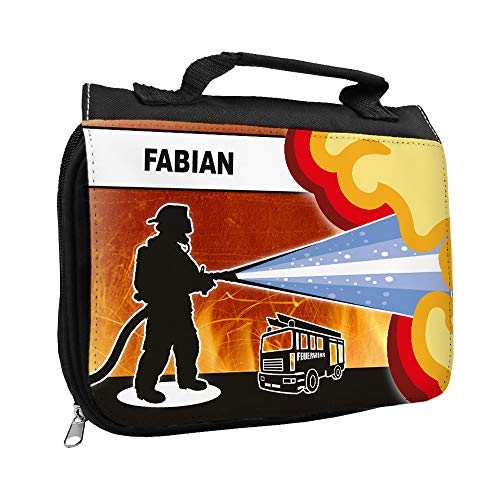 Kulturbeutel mit Namen Fabian und Feuerwehr-Motiv für Jungen | Kulturtasche mit Vornamen | Waschtasche für Kinder von Eurofoto