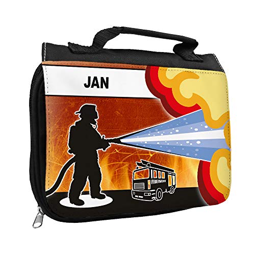 Kulturbeutel mit Namen Jan und Feuerwehr-Motiv für Jungen | Kulturtasche mit Vornamen | Waschtasche für Kinder von Eurofoto