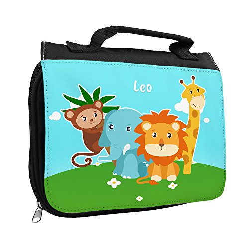 Kulturbeutel mit Namen Leo und Motiv mit Zoo-Tieren für Jungen | Kulturtasche mit Vornamen | Waschtasche für Kinder von Eurofoto