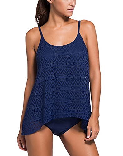 Evedaily Damen Badeanzug Zweiteilig Schwimmanzug Elegantes Push UP Bikini/Tankini Top-Modell Swimsuit für Damen & Mädchen, Gr. XL EU ( 42-44 ), Farbe: dunkle Blau von Evedaily