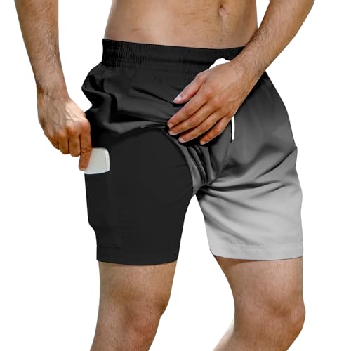 Evensu Badehose Herren mit Kompression Liner 2 in 1 Badehose Männer Atmungsaktiv Badeshorts mit Verstellbar Tunnelzug,Schwarz Grau,XL von Evensu