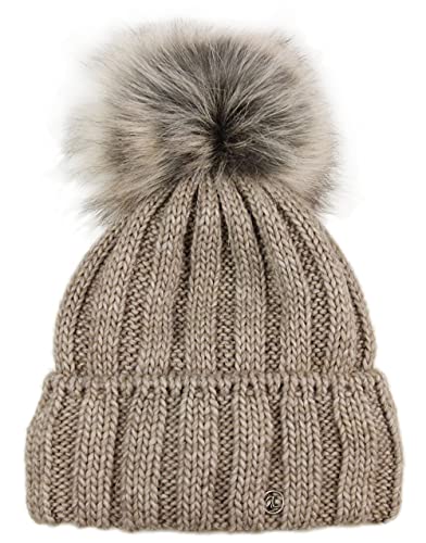 Ever Bloom Strickmütze Damen mit Kunstfell Bommel Abnehmbar, made in EU, Beanie Mütze Bommelmütze, Warme Wintermütze mit Thermo Fleece Innenfutter, Mütze Farben:Taupe von Ever Bloom