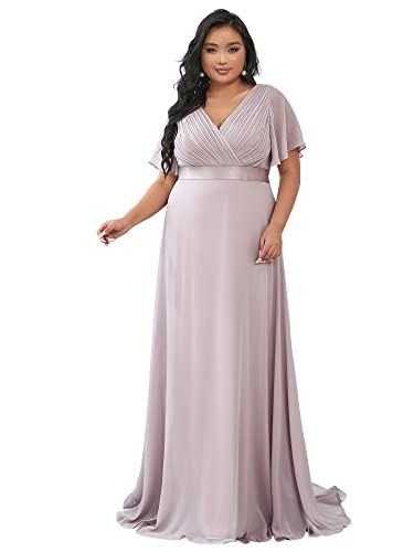 Ever-Pretty Plus Damen Abendkleid Chiffon A-Linie Lange Große Größe Festliches Kleid V Ausschnitt Kurze Ärmel Hohe Taille Lila 46 von Ever-Pretty Plus