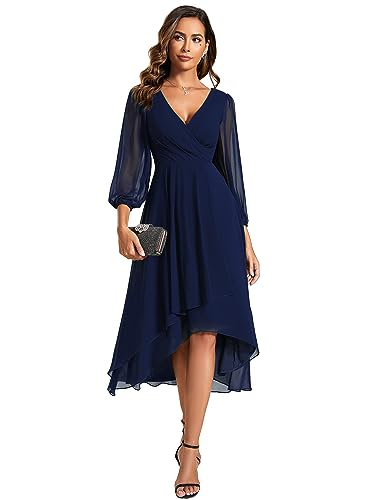 Damen Cocktailkleid V Ausschnitt Lange Ärmel Cocktailkleid A Linie Kleid Für Party Marineblau 52 von Ever-Pretty