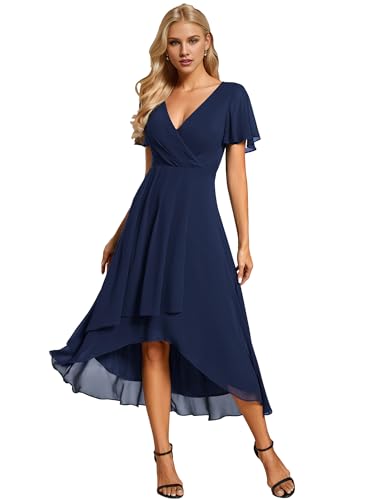 Ever-Pretty Abendkleid Asymmetrisches Cocktailkleid für Damen V Ausschnitt Knielang A-A-Linie Chic Navy Blau 36 von Ever-Pretty