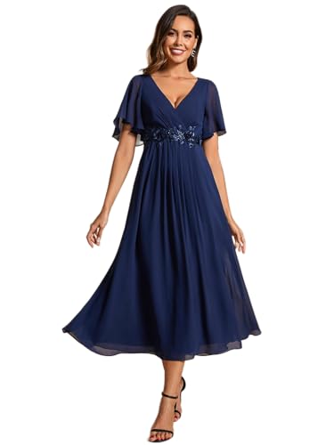 Ever-Pretty Abendkleider Damen Elegant für Hochzeit Knöchellang Hochzeitsgäste Kleid Cocktailkleid Festliche Kleider Navy Blau 48 von Ever-Pretty