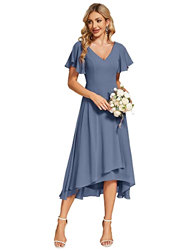 Ever-Pretty Abendkleider Damen Elegant für Hochzeit Midi A-Line Cocktailkleid High-Low Hochzeitsgäste Kleid Brautjungfernkleider Nebel Blau 36 von Ever-Pretty