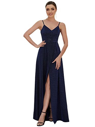 Ever-Pretty Cocktailkleider Damen Verstellbare Spaghetti-Träger V-Ausschnitt Bodenlang A-Linie Navy Blau 42EU von Ever-Pretty