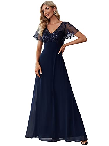 Ever-Pretty Damen A-Linie Bodenlang Abendkleider Elegant Chiffon Brautkleider Brautjungfernkleid Navy Blau 52 von Ever-Pretty