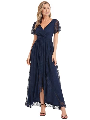 Ever-Pretty Damen A-Linie Kurze Ärmel V-Ausschnitt Lace High Low Partykleider Navy Blau 36EU von Ever-Pretty